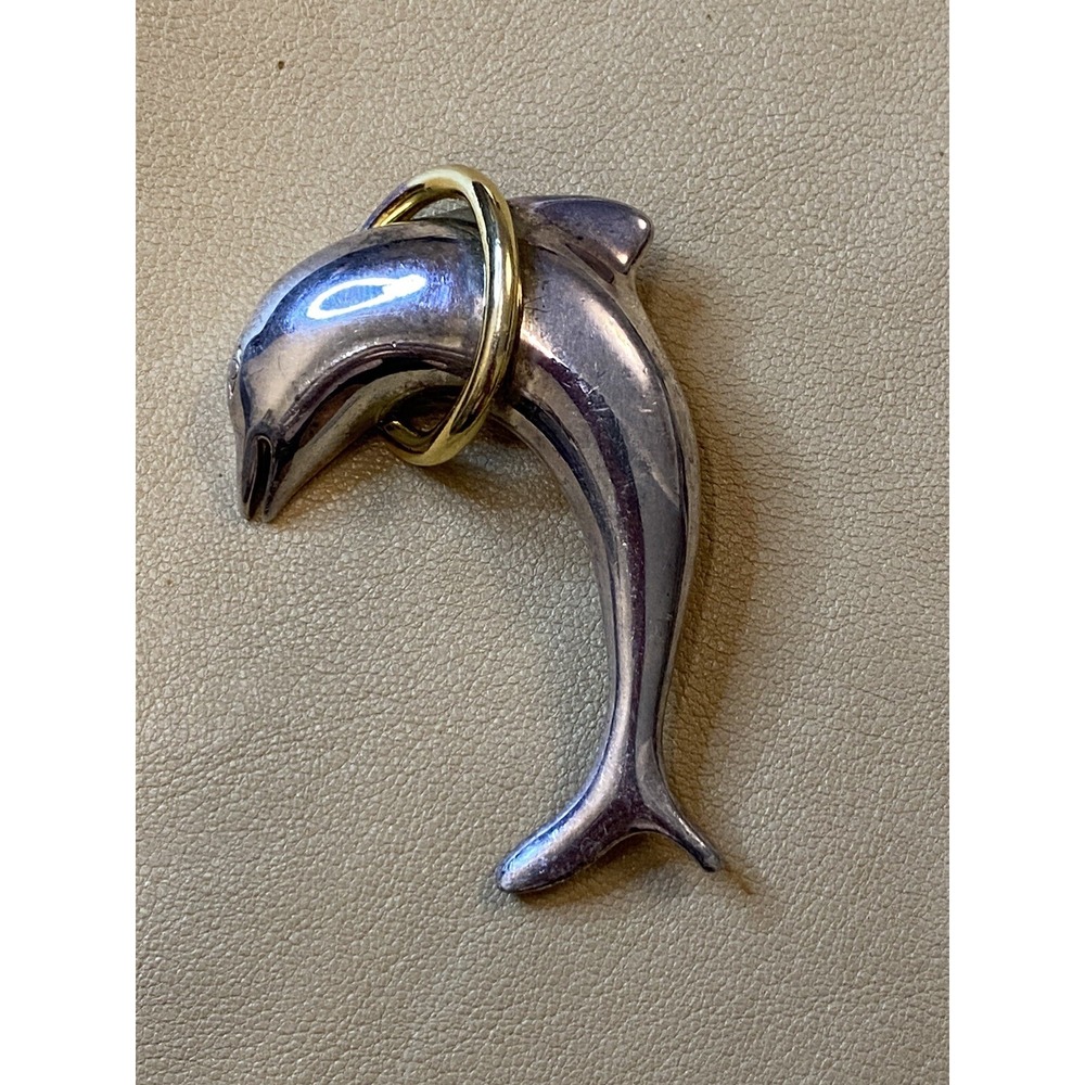 Vintage Silver Tone DOLPHIN Jumping thru Gold Ring Pin Brooch Fish Ocean Living